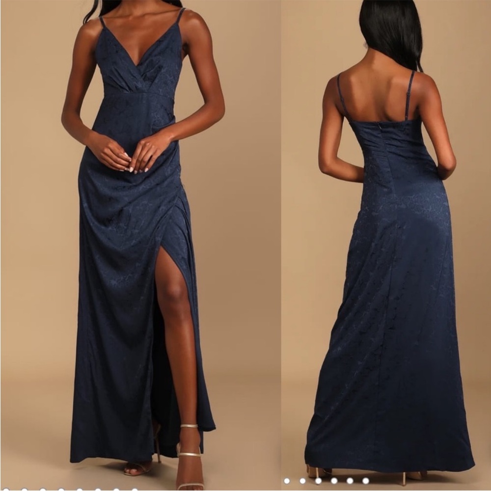 NWT Lulus Perfectly Primped Navy Blue Floral Satin Jacquard Maxi Dress, Size S